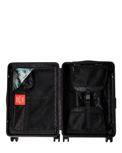 SPRAYGROUND® LUGGAGE BLACK AND WHITE DRIP CHECK SHARK CARRY-ON LUGGAGE